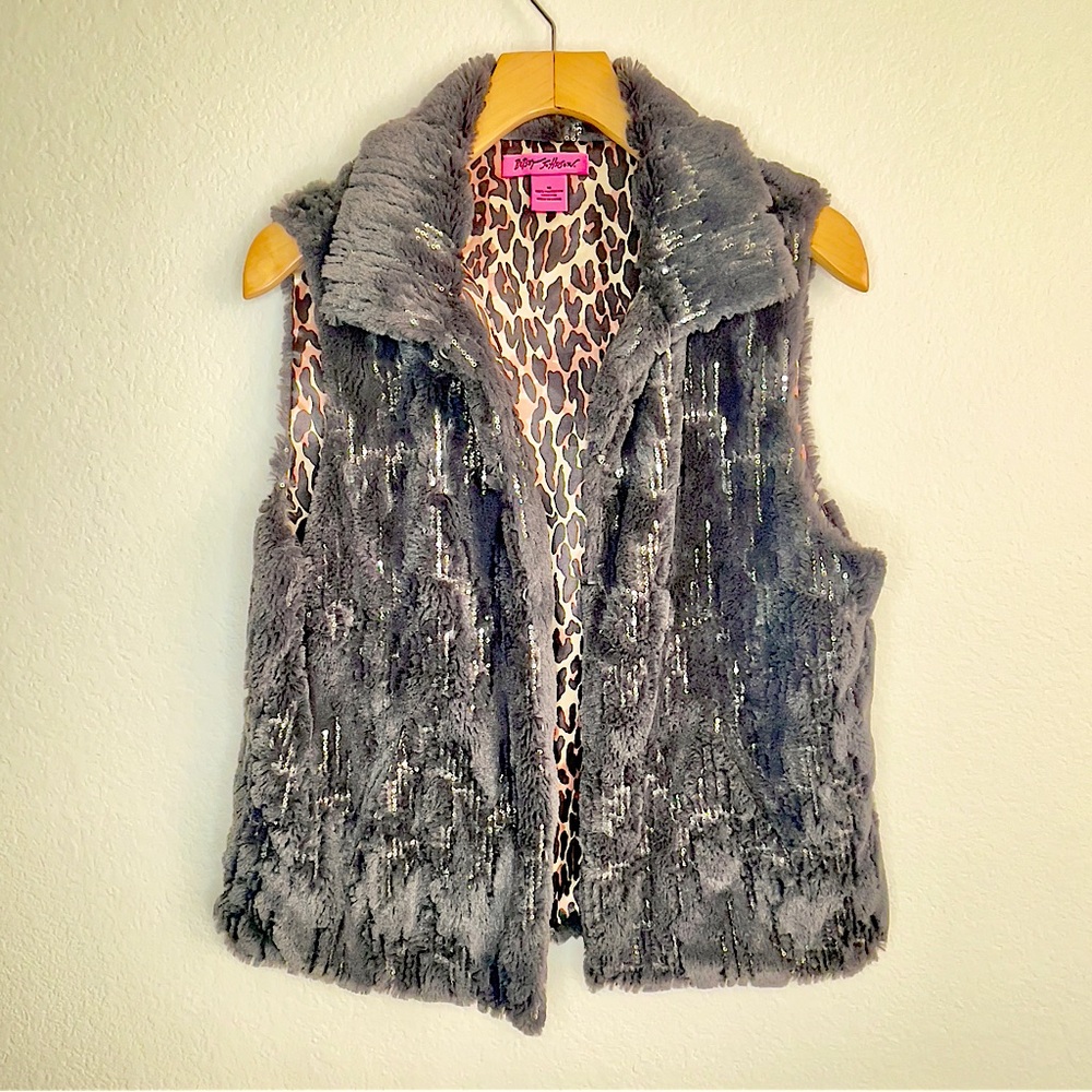 BETSY JOHNSON faux fur and silver sequins vest Women’s Super Soft